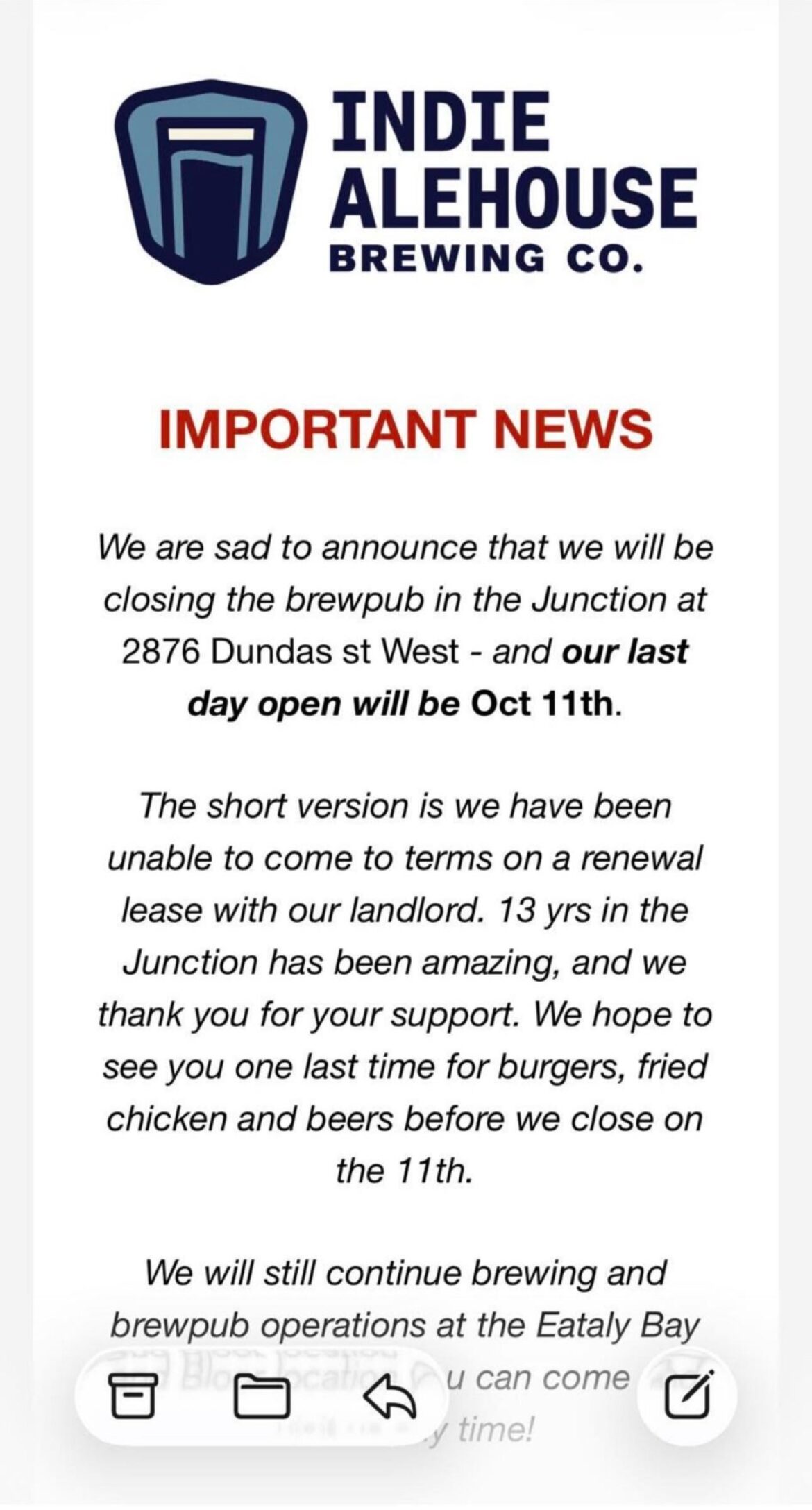 Indie Ale House is closing its doors October 11th.