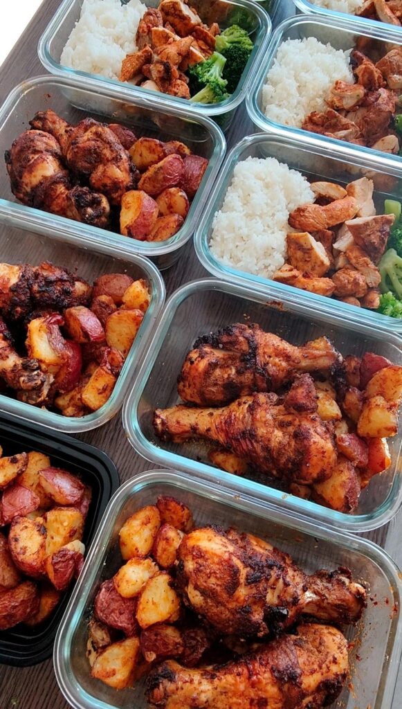 Tandoori chicken and broccoli with rice. Spicy chili drumsticks with roasted potatoes