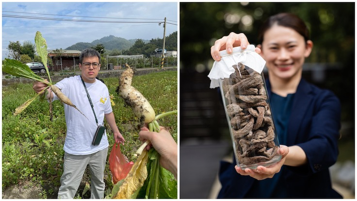 Low and Chen proudly showcase the before-and-after of their cai poh. On the left, Low harvests radish in Taiwan, which Chen’s mother later transforms into Iru Den’s signature preserved radish (right).