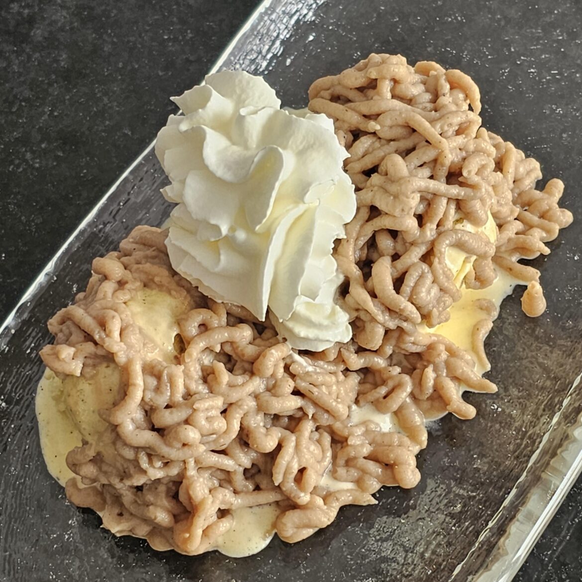 Typical Swiss dessert: Vermicelles on Bourbon Vanilla icecream Typical Swiss dessert: Vermicelles on Bourbon Vanilla icecream