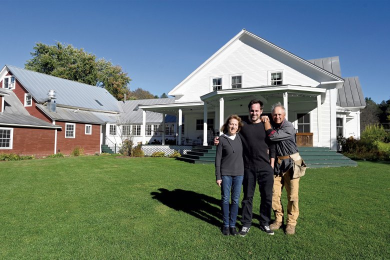 GG, Willis and George Schenk outside the Inn at Lareau Farm and American Flatbread in Waitsfield