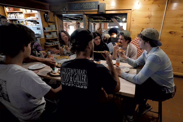 A staff meal at American Flatbread in Waitsfield