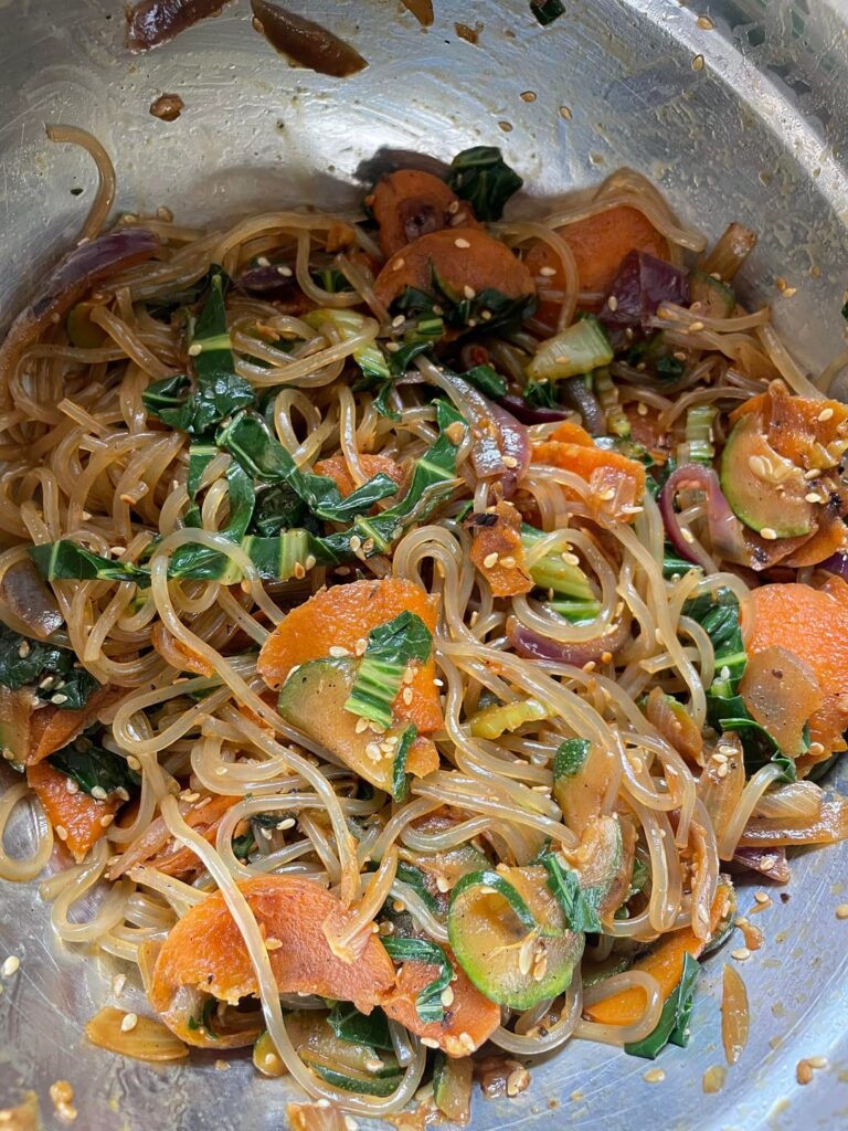 Japchae – 170 calories per 50grams of glass noodles, 290 as meal Japchae - 170 calories per 50grams of glass noodles, 290 as meal