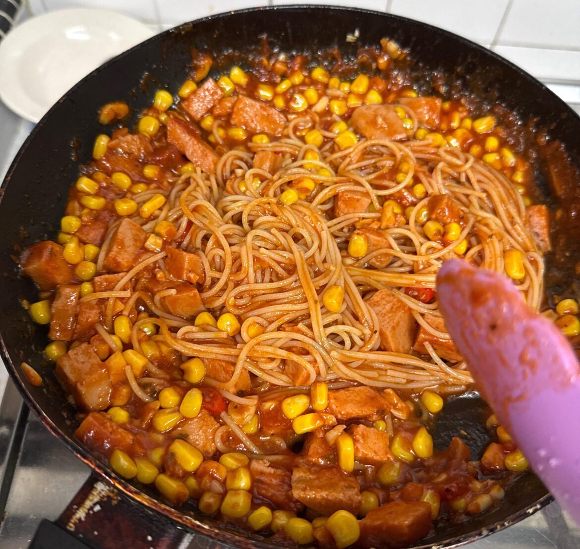 pasta at 5am with corn and spam, the only 2 things i could find in my fridge 😮‍💨 (brother said it looked disgusting)