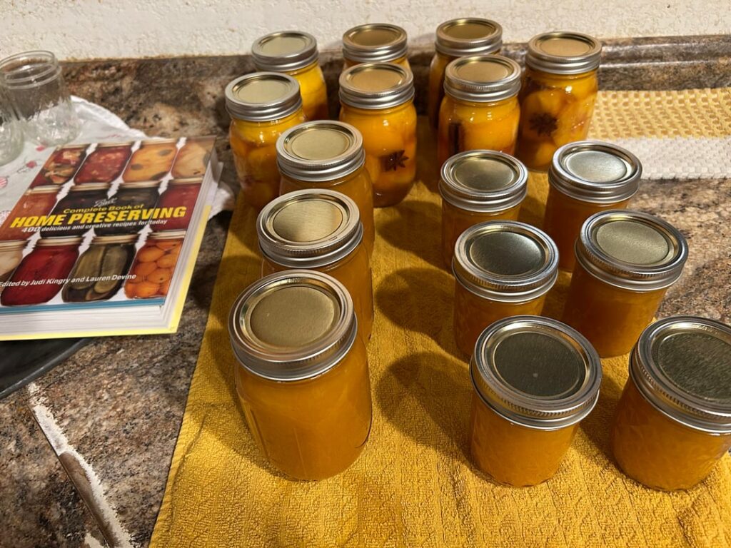 Peach butter, chai peaches, spiced peaches, regular no sugar peaches.
