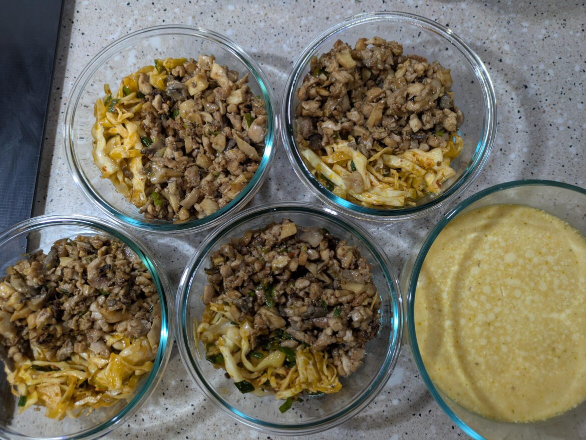 Lunches! Oyster mushroom & Chicken stir-fry, with steamed eggs and spicy cabbage slaw