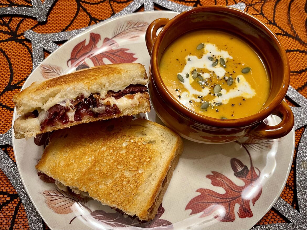 Grilled Gruyere with bacon and braised balsamic onions served with roasted pumpkin soup