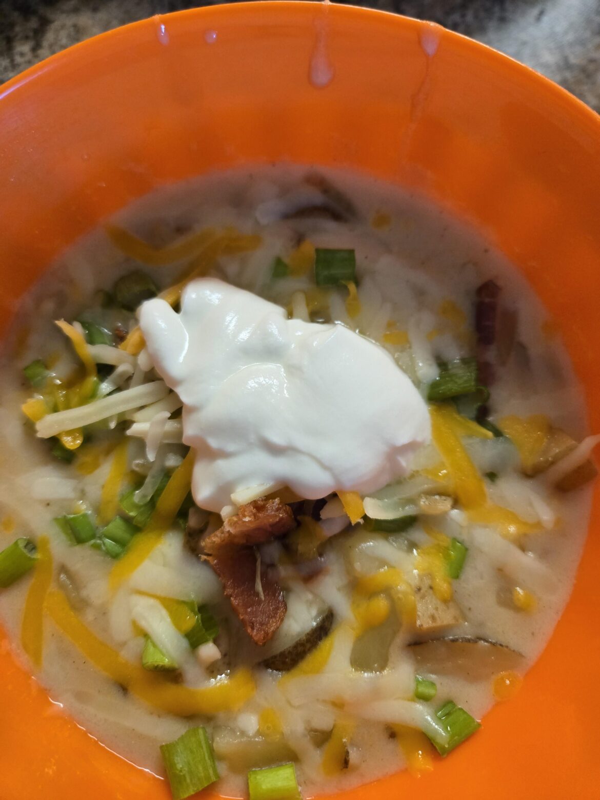 Loaded Baked Potato Soup with Bacon + Cheddar, Sour Cream & Scallions