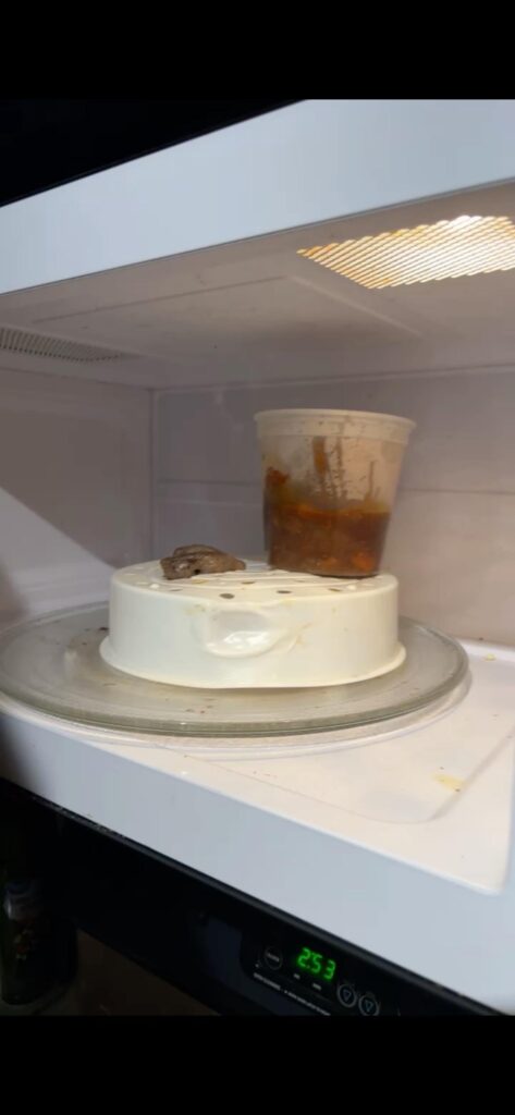 My old (drunk) roommate’s snack consisting of soup with a chicken leg in it, and raw cookie dough