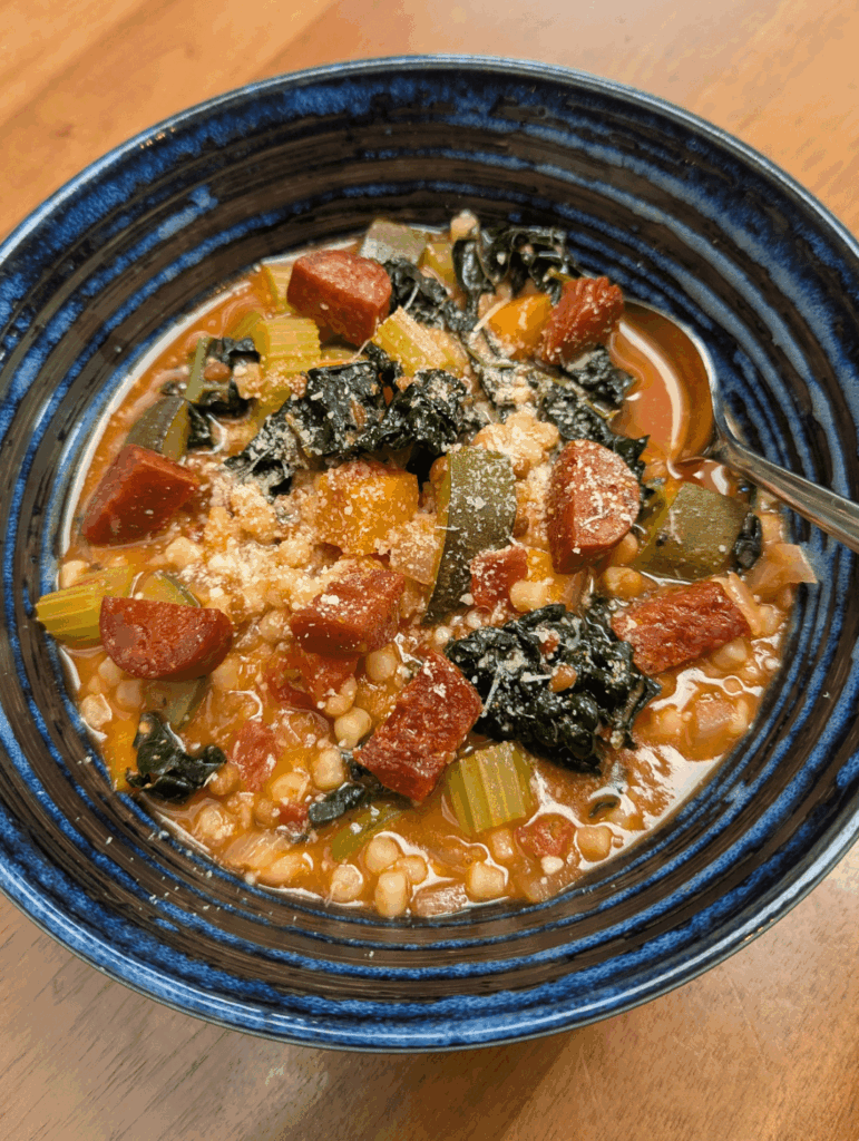 Hearty vegetable soup with chorizo ~400 kcals