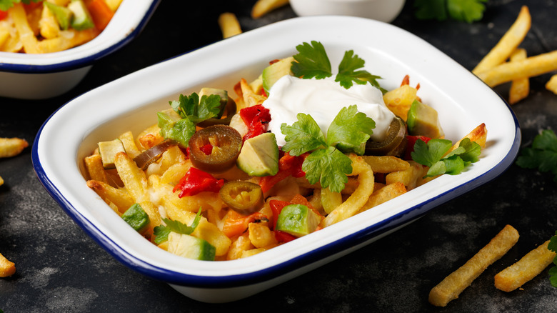 Fries topped with cheese, jalapeños, sour cream, avocado, and cilantro