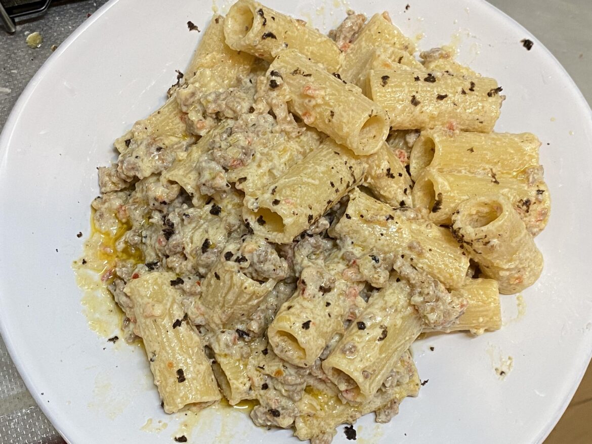 Made my first attempt at making pasta alla norcina (with ricotta cheese, no cream, and grated frozen fresh truffle). It doesn’t look good and I think I bungled it by too much evoo and white wine but man was it so delicious. It’s like eating a sumptuous cheesy and creamy meat dish with pasta. Made my first attempt at making pasta alla norcina (with ricotta cheese, no cream, and grated frozen fresh truffle). It doesn't look good and I think I bungled it by too much evoo and white wine but man was it so delicious. It's like eating a sumptuous cheesy and creamy meat dish with pasta.