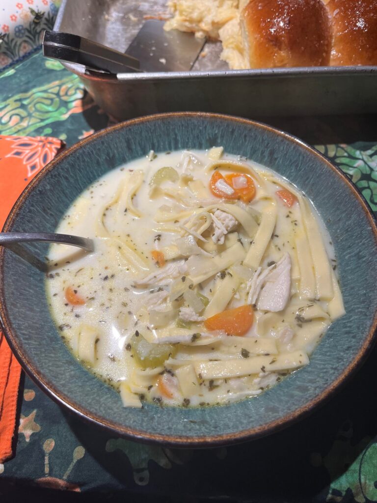 Chicken noodle soup and salted honey dinner rolls