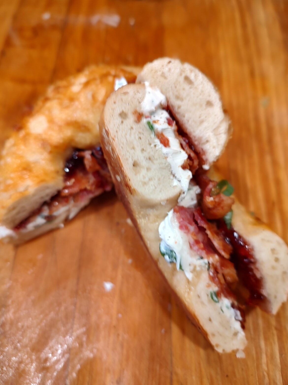 Cheddar Bagel chive cream cheese bacon jelly and everything bagel seasoning