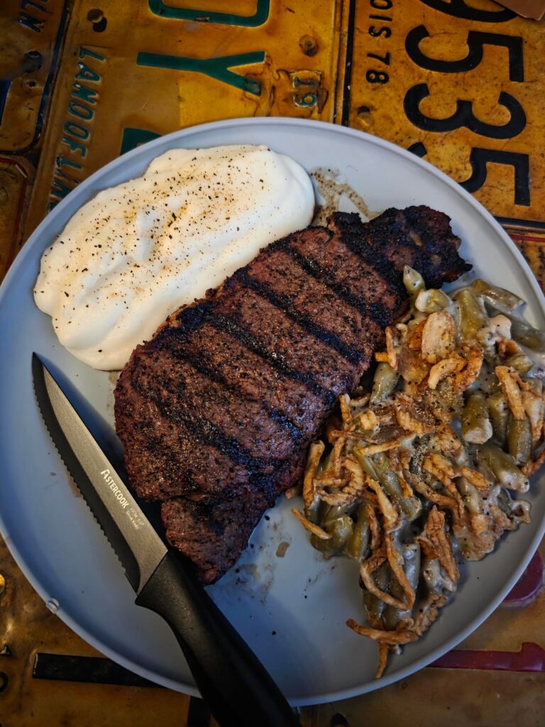 [Homemade] Steak, Green Bean Casserole, and Creamy Mashed Potatoes