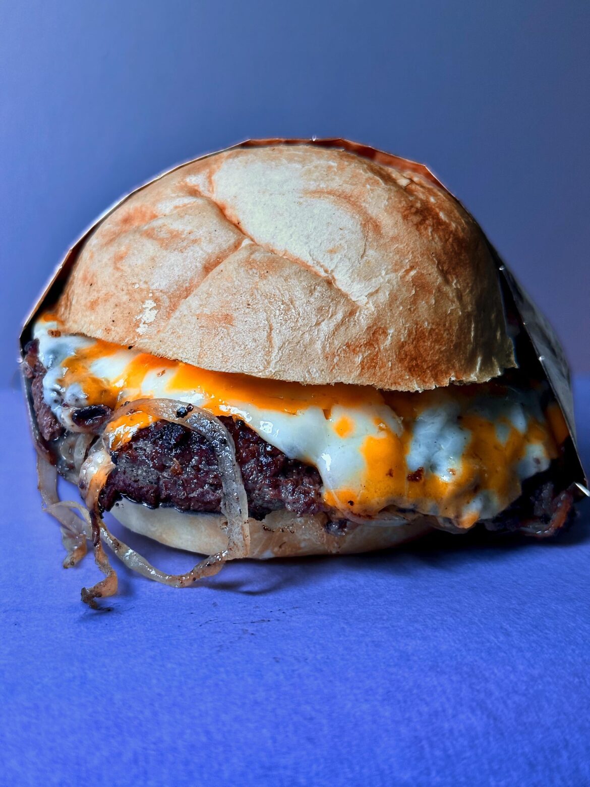 Oklahoma Onion burger on a Kaiser roll. (homemade)