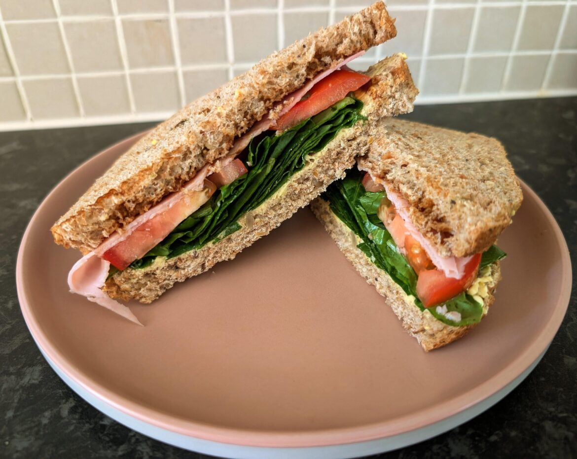 Ham salad butty on seeded bread with brown sauce