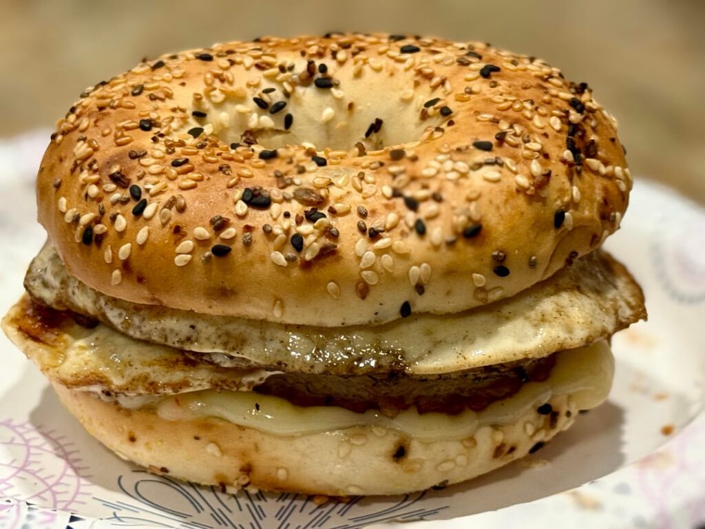 Sausage, two eggs, and pepper jack cheese on a toasted everything bagel. Good way to start the day.