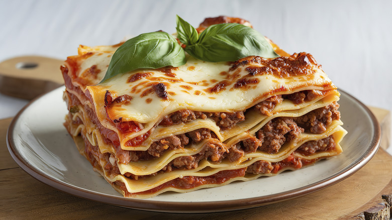 A piece of lasagna covered in the melty cheese sitting on a white plate with a basil leaf