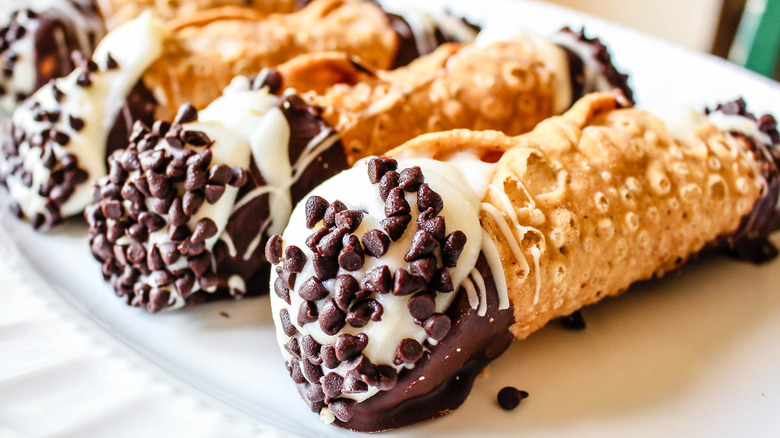 Close-up of two chocolate chip cannoli
