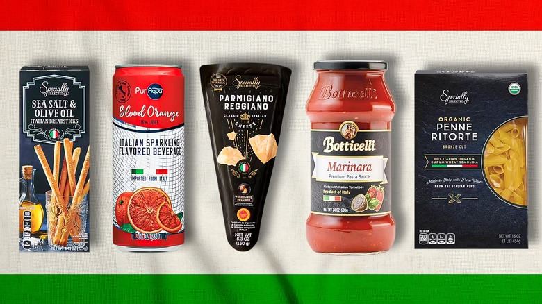 A lineup of Aldi foods and beverages imported from Italy