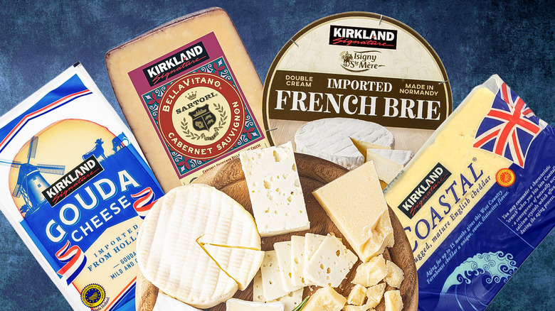 Multiple cheeses found at Costco on a blue background