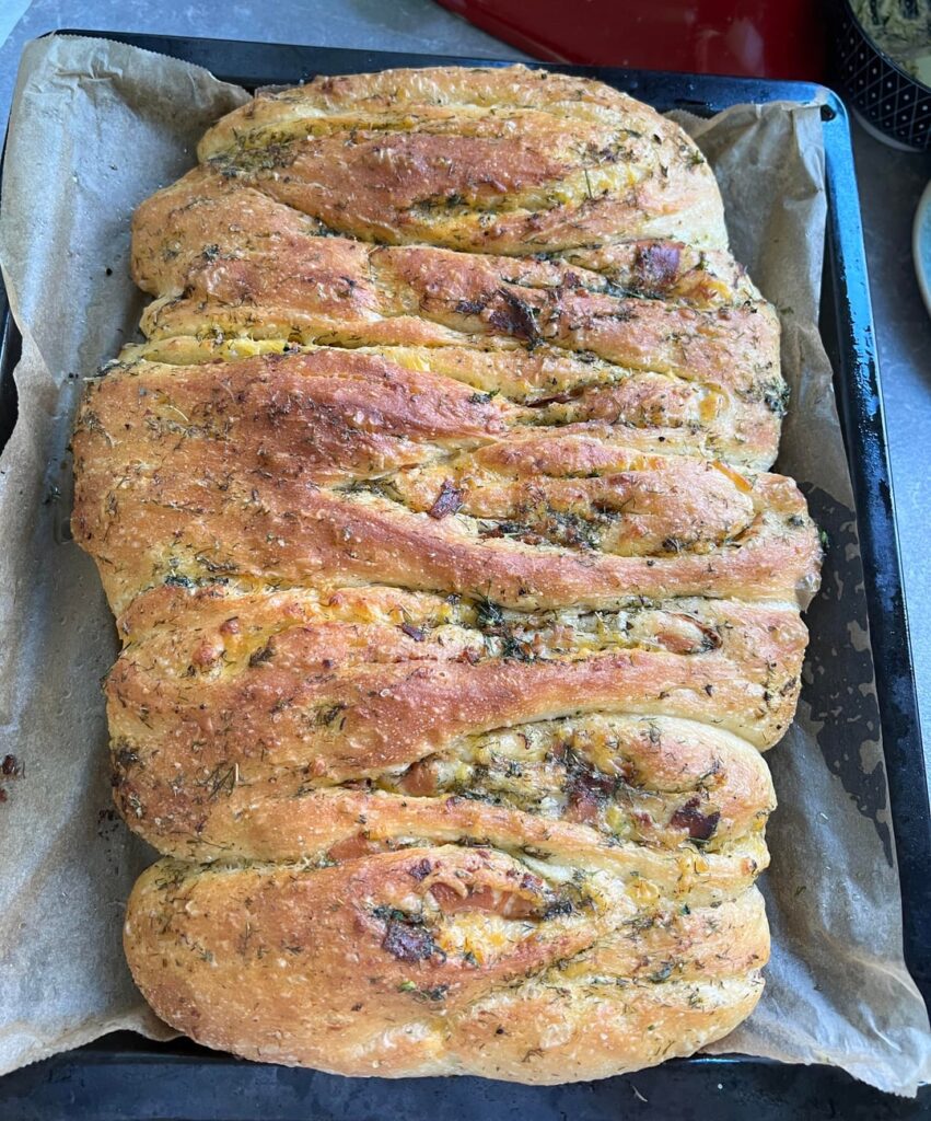 Ham, cheese, garlic and herb butter and jalapeño stuffed focaccia