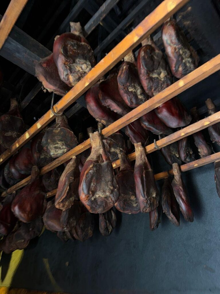 Salt cured, air dried, smoked Hams in the high mountains of Montenegro