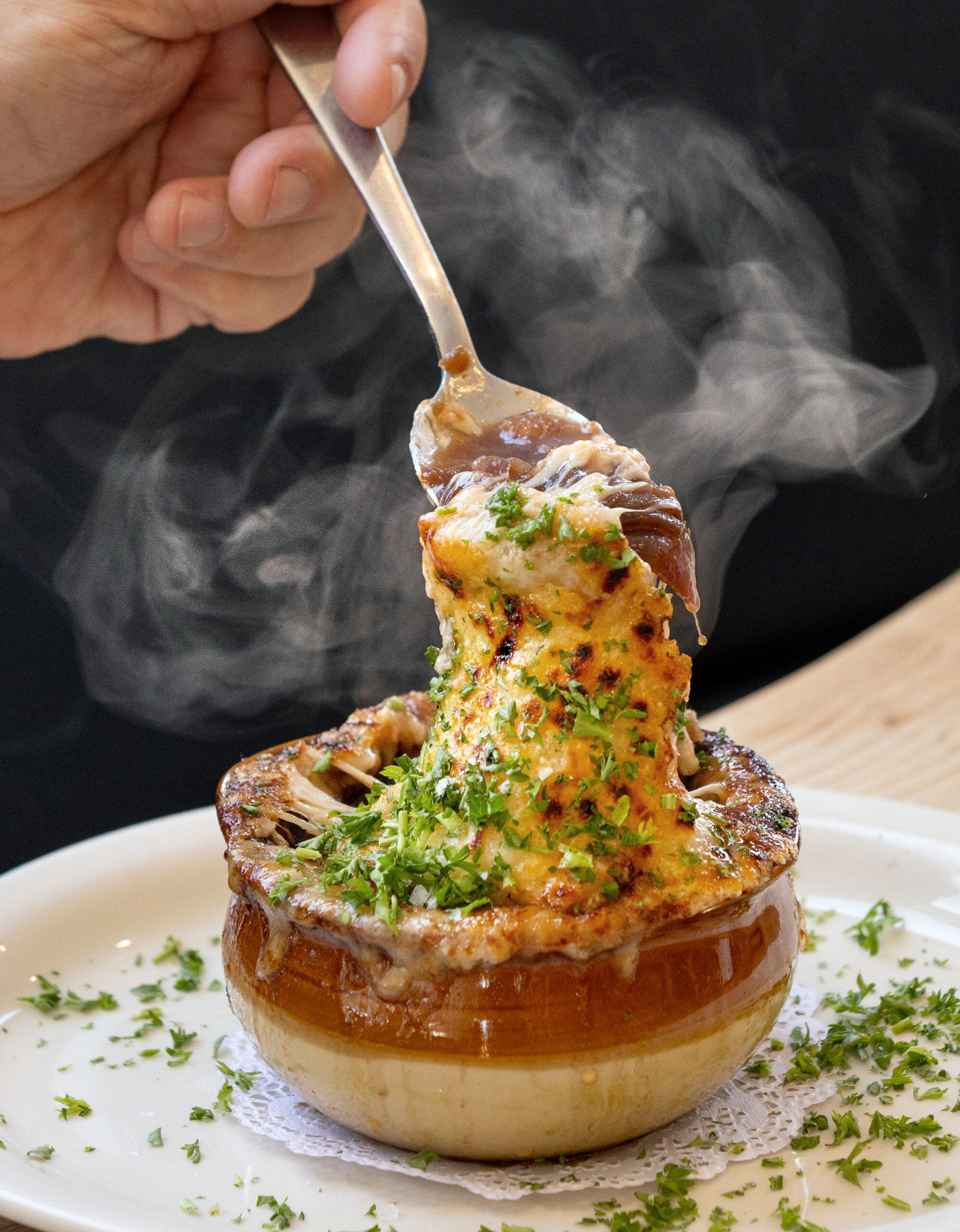 Onion Soup Gratinee with croutons and melted Gruyère from Brigitte Bistro Sunday, July 6, 2025 in Petaluma. (John Burgess / The Press Democrat)