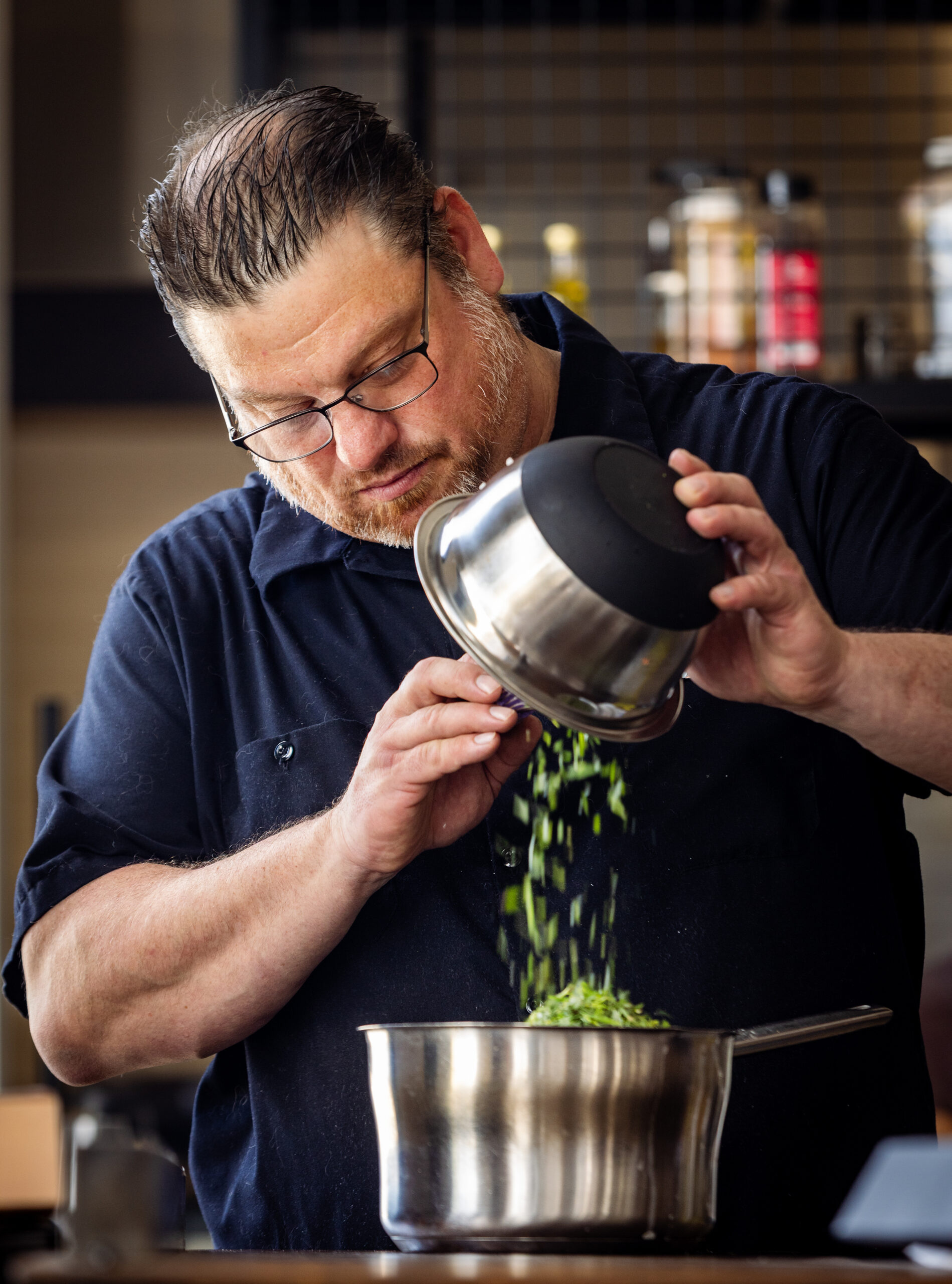 Chef Nick Ronan prepares the béchamel sauce for Steak Frites from Brigitte Bistro Sunday, July 6, 2025 in Petaluma. (John Burgess / The Press Democrat)