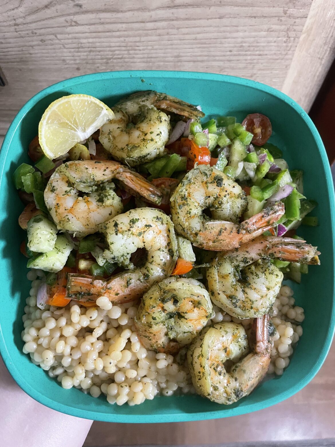 Shrimp and crisp veggie cous cous salad 🥗