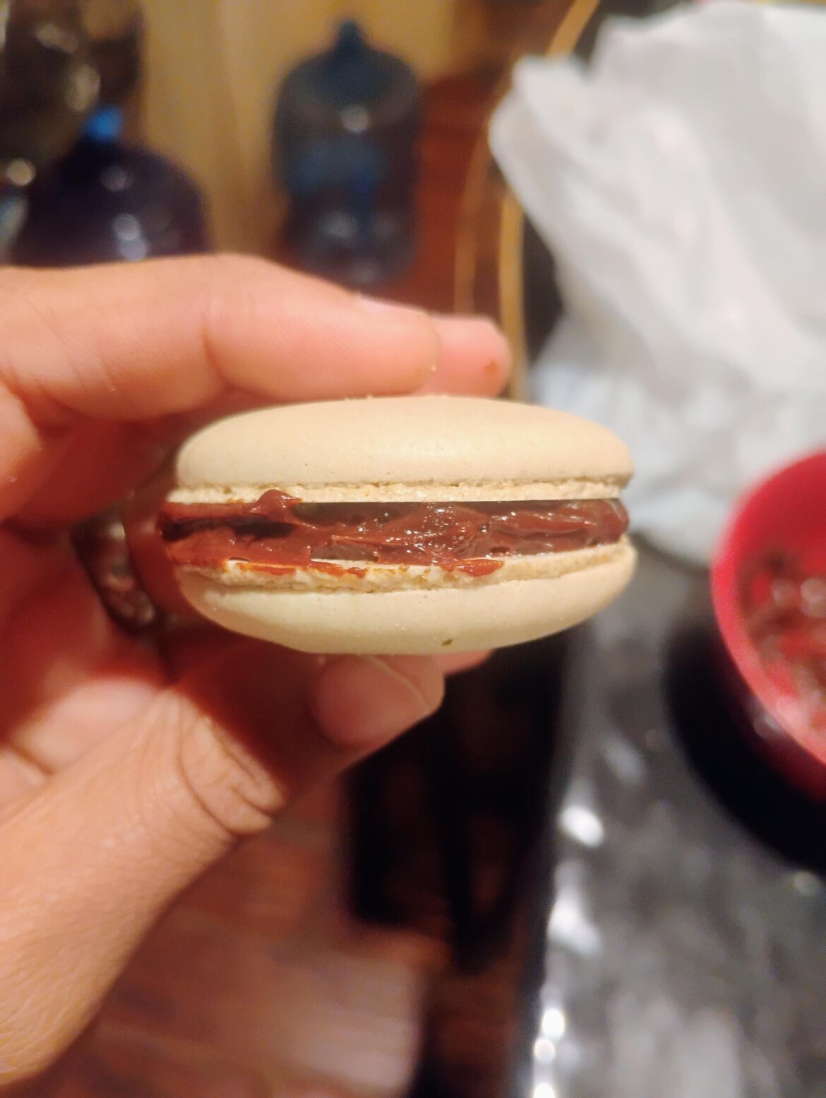 Made chocolate chickpea macarons