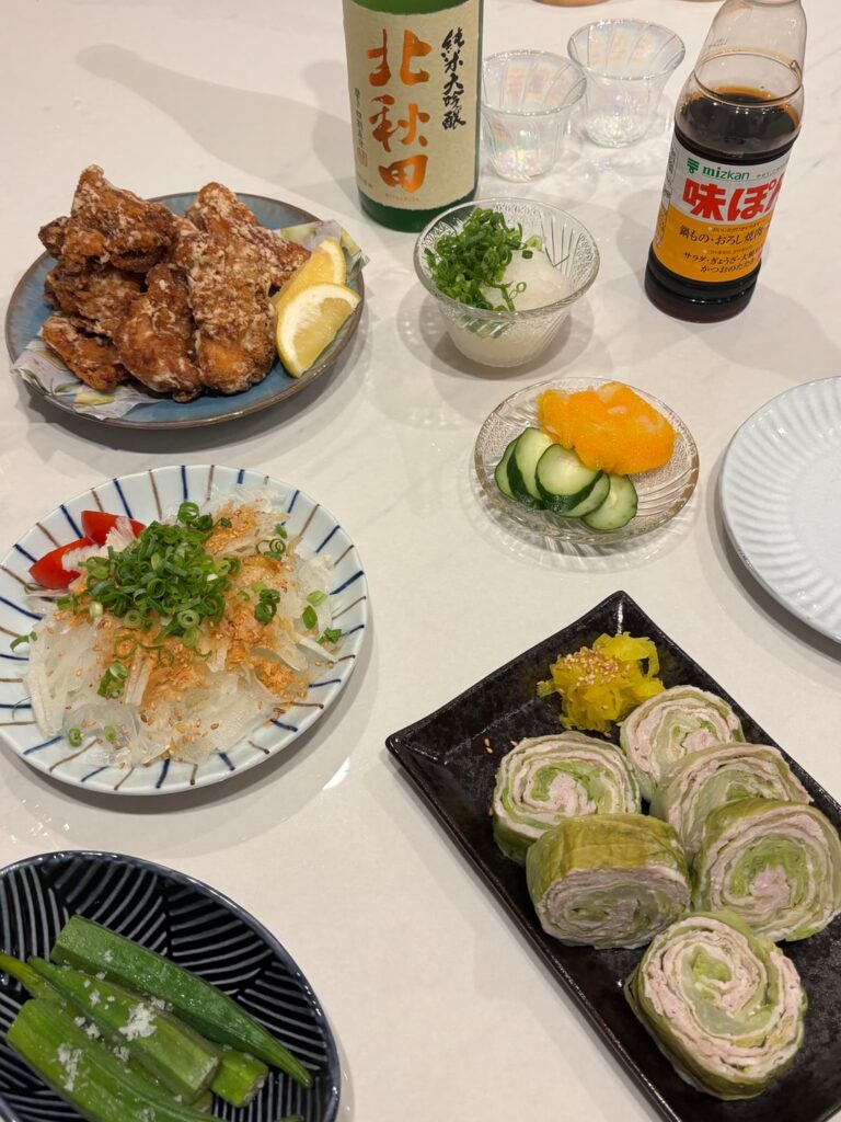 Made some karaage, onion salad, and pork & cabbage mille-feuille rolls