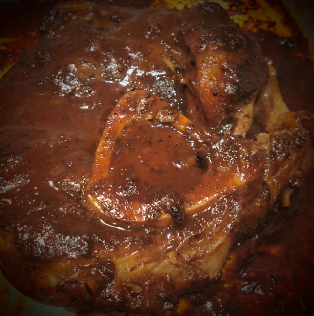 Shin Of Beef in a Red Wine Gravy, Cheesy Potato Bake & Mushy Peas