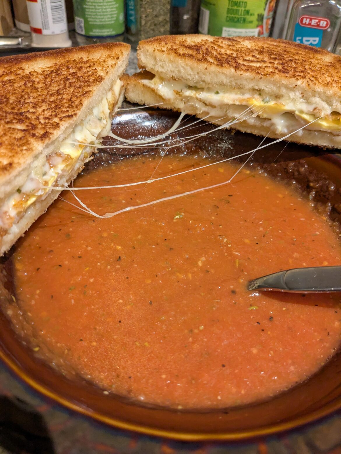 Dinner tonight: tomato soup with a crispy fried egg melt