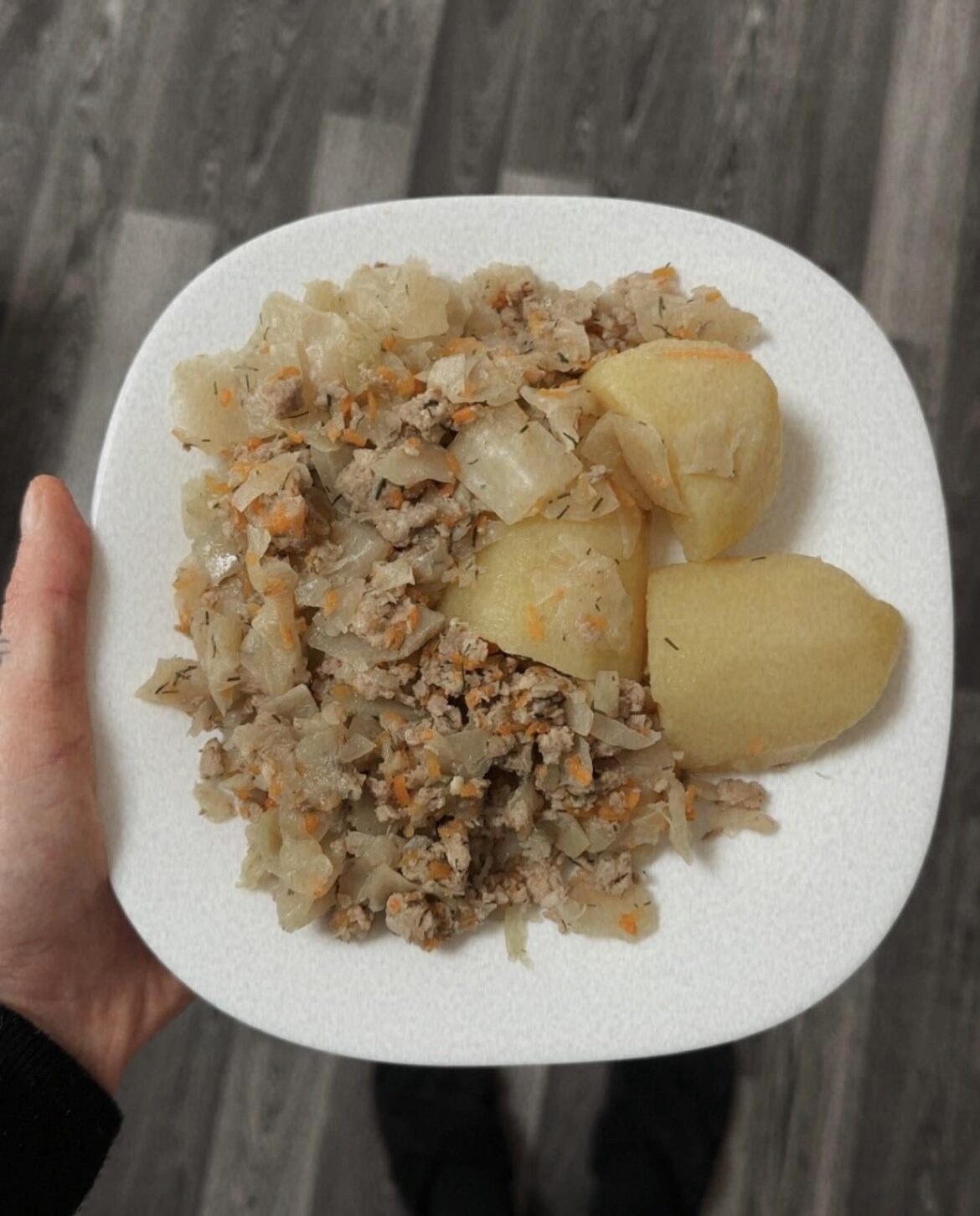 Minced meat and fresh cabbage stew with boiled potatoes