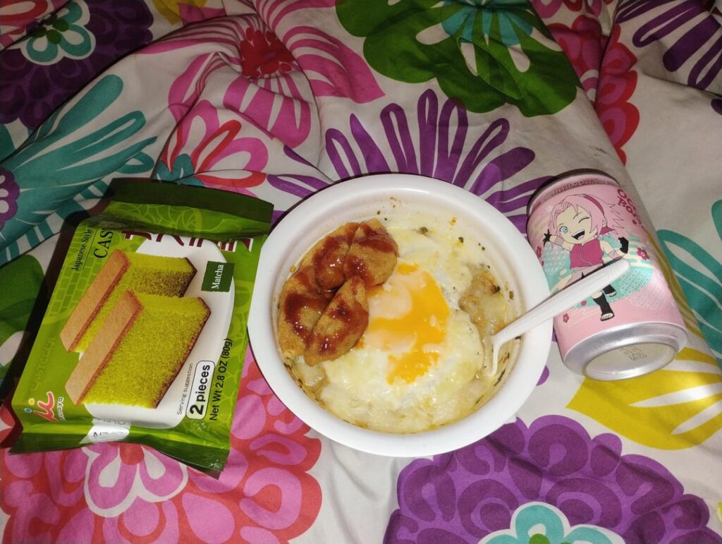 Had curry noodles w/ a egg and cheese, mini dumplings, matcha sponge cake and lychee drink 4 dinner