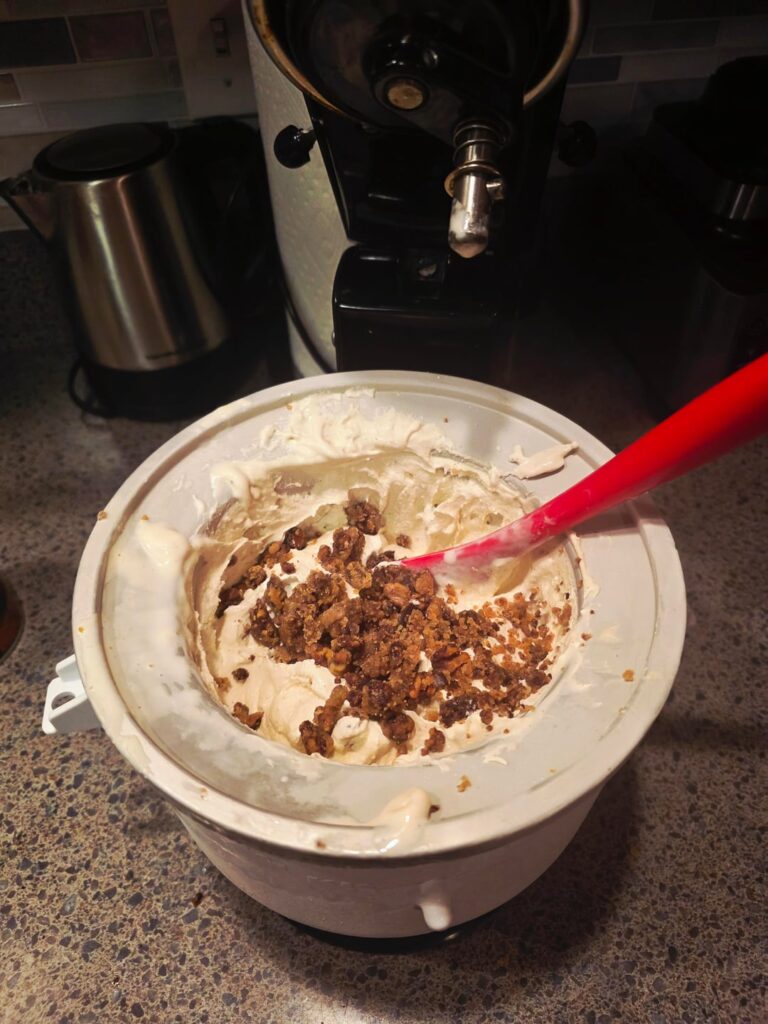 Maple Vanilla Ice Cream with Walnut Cookie Crunch and Caramel Swirl