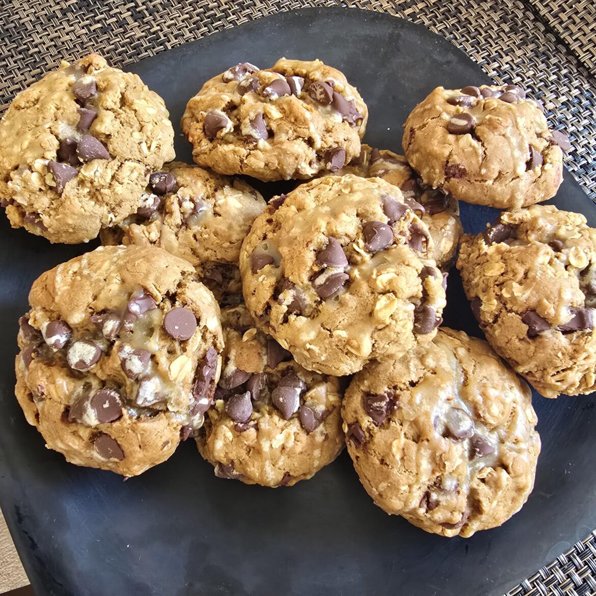 chocolate chip oatmeal espresso cookies with maple bourbon vanilla glaze