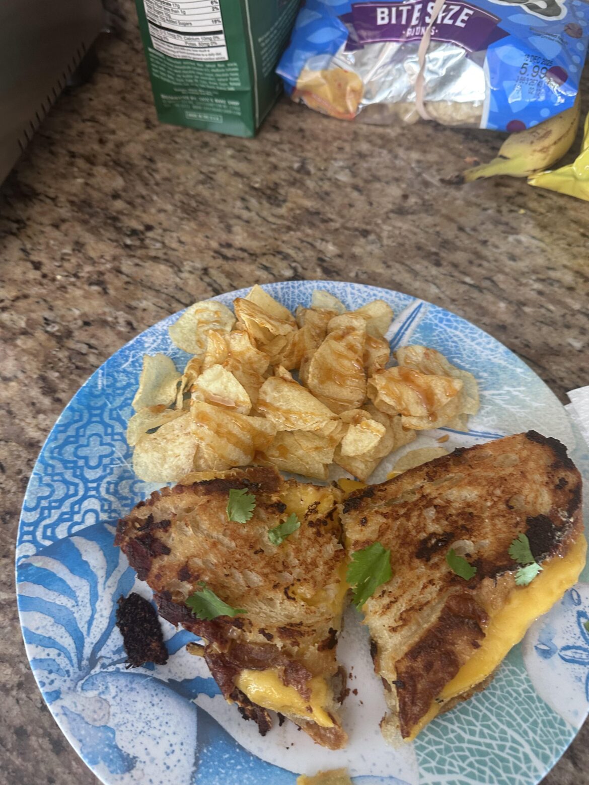 Cheddar, Monterey Jack and American on asiago bread with hot honey chips