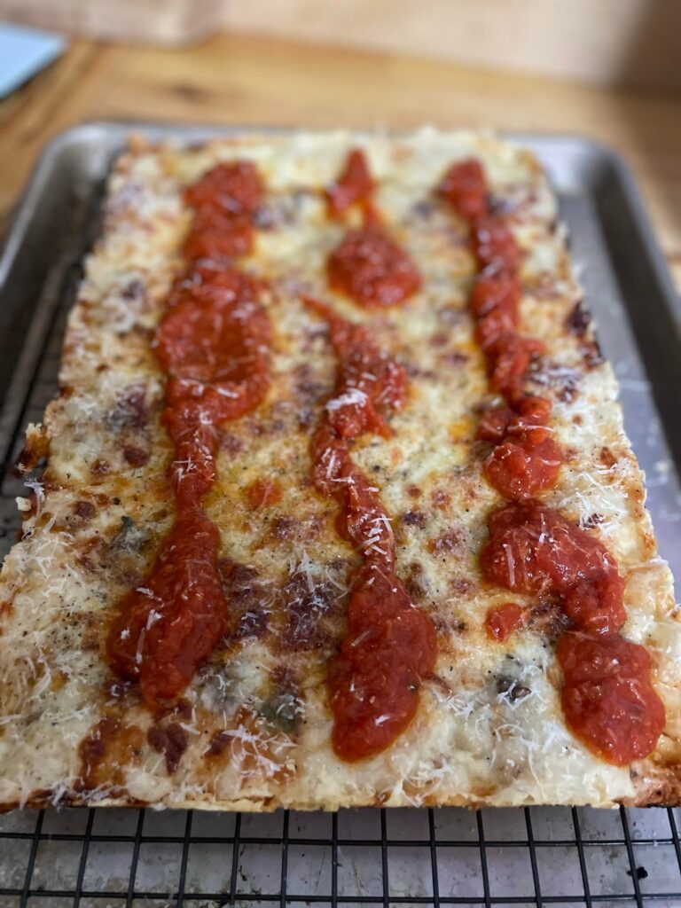 Detroit style pizza with Italian beef