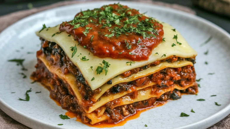 Classic Italian lasagna served on a white plate