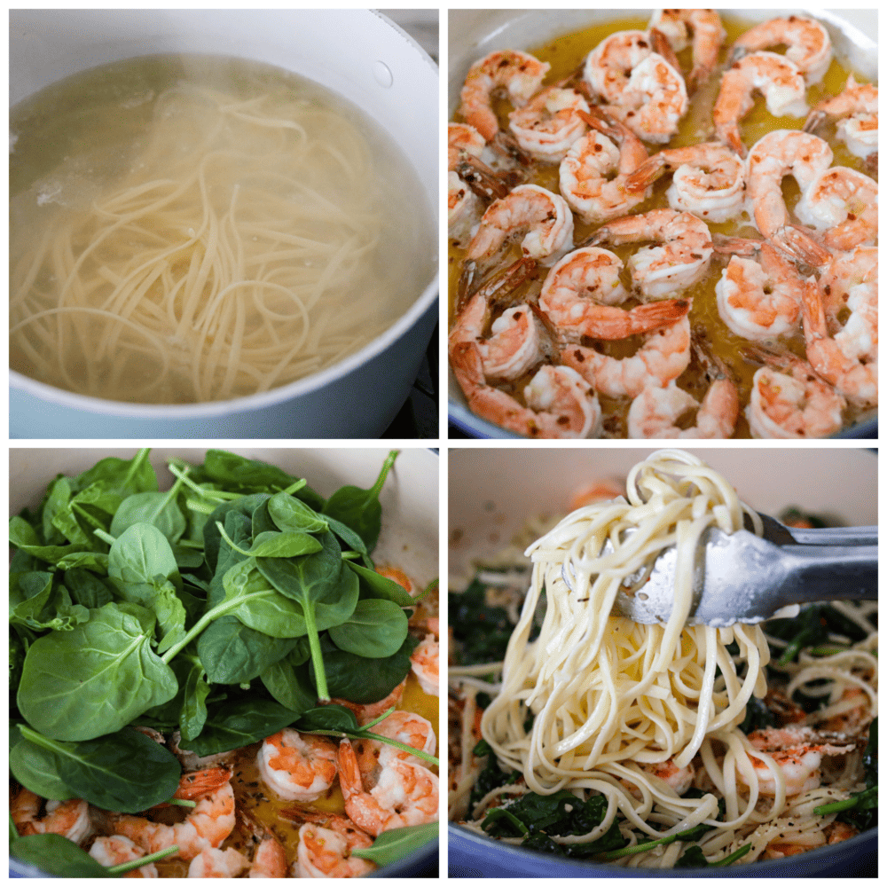 Lemon Garlic Parmesan Shrimp Pasta is made in just one pot and ready in 30 minutes! Fresh shrimp is cooked in a buttery lemon garlic sauce and tossed in fresh parmesan cheese and pasta. It's unbelievably good and sure to become a new favorite! Process photos showing how to prepare the ingredients and make the meal.