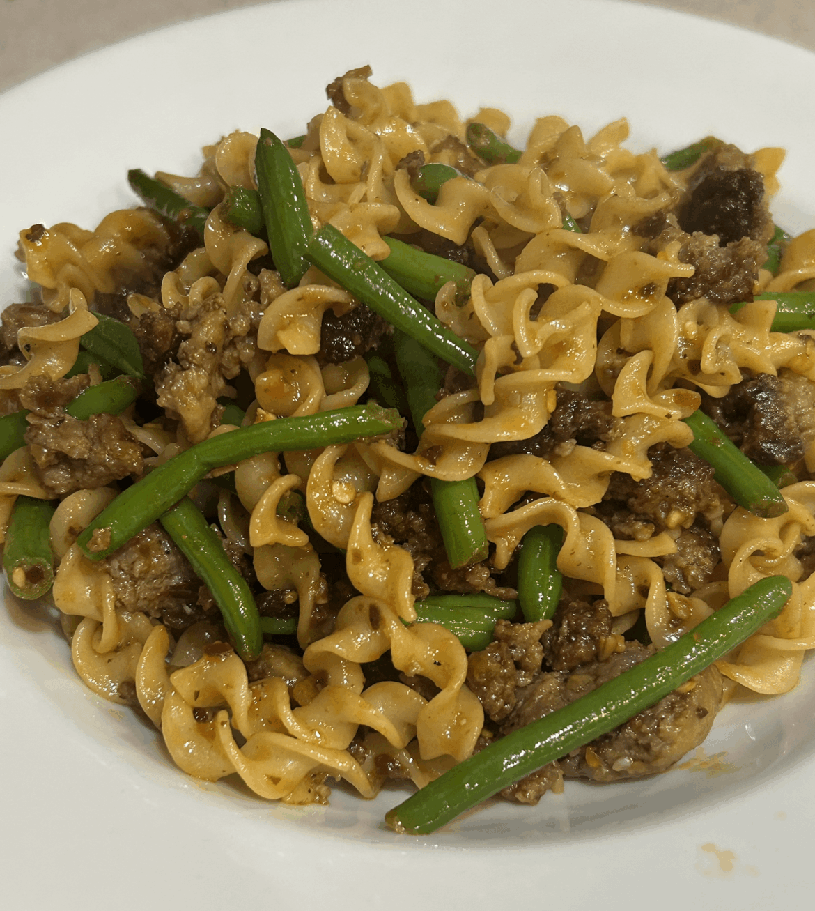 Spicy pork noodles with green beans