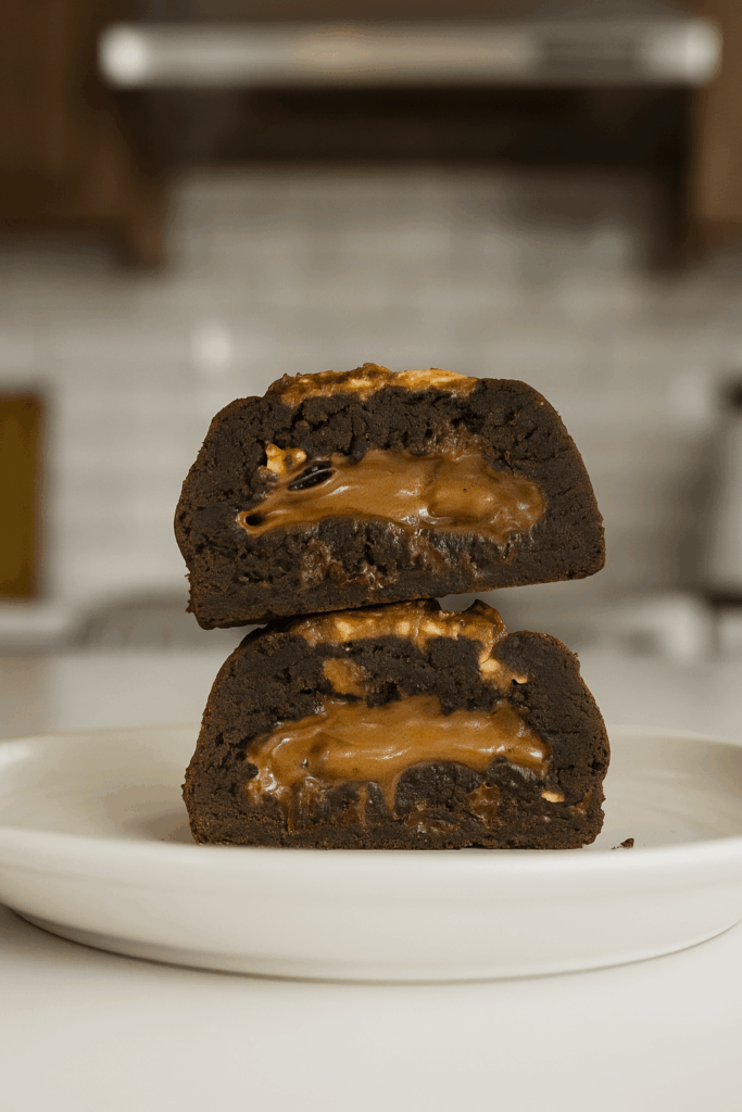 Chocolate Cookie stuffed with chocolate caramel core and topped with Snickers