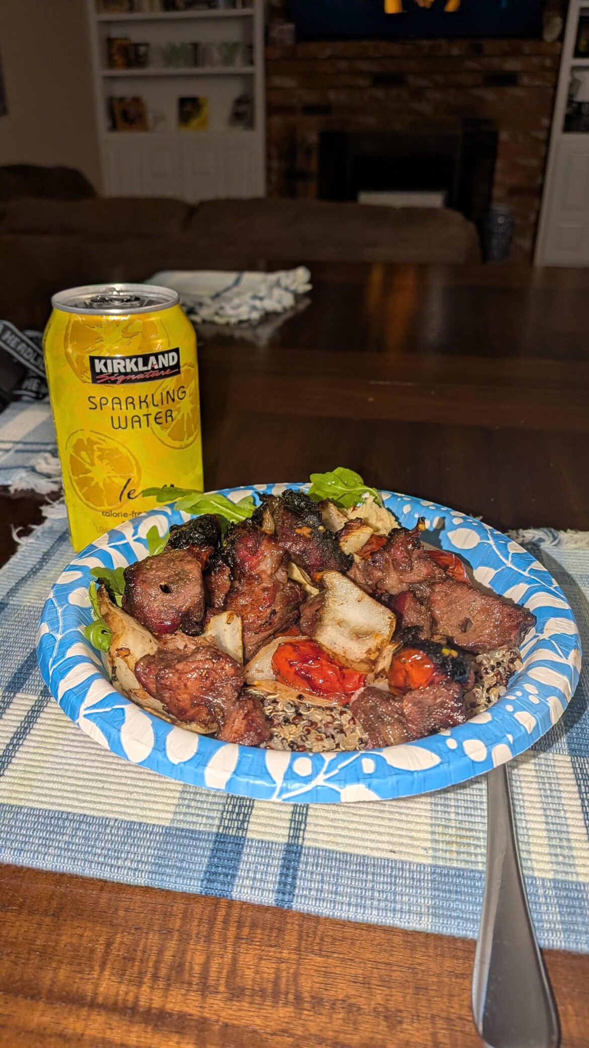 Lemon sparkling water and balsamic braised beef kabobs