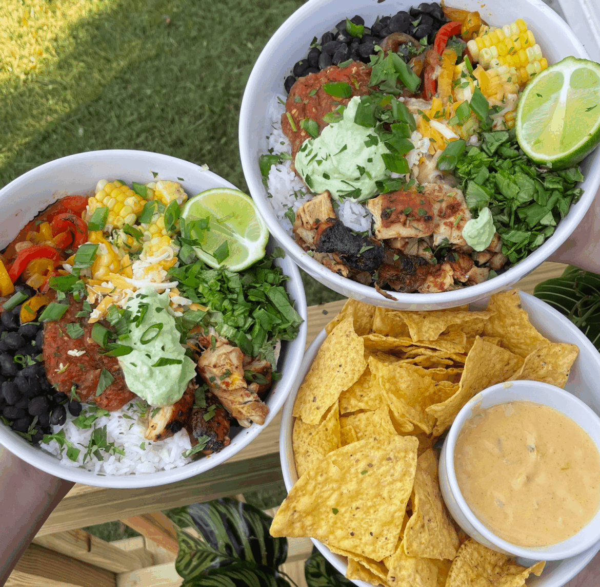 Chipotle honey chicken burrito bowls w/ tortilla chips and homemade queso for dinner