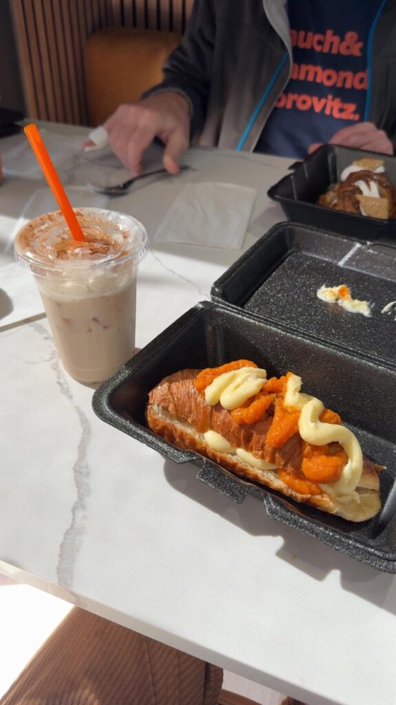 Guesstimates for this pumpkin cream cheese crossiant? + chai iced latte Guesstimates for this pumpkin cream cheese crossiant? + chai iced latte