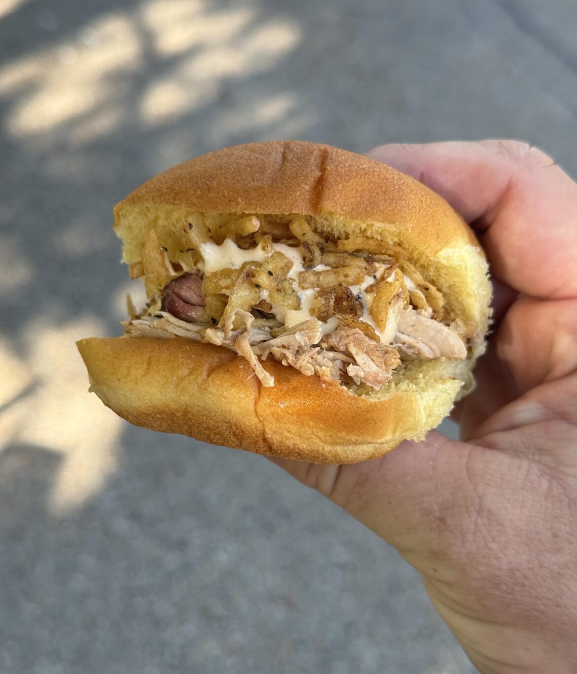 Made this after an overnight smoke. Pork shoulder, chipotle-maple mayo, crispy onions. Worth every hour.