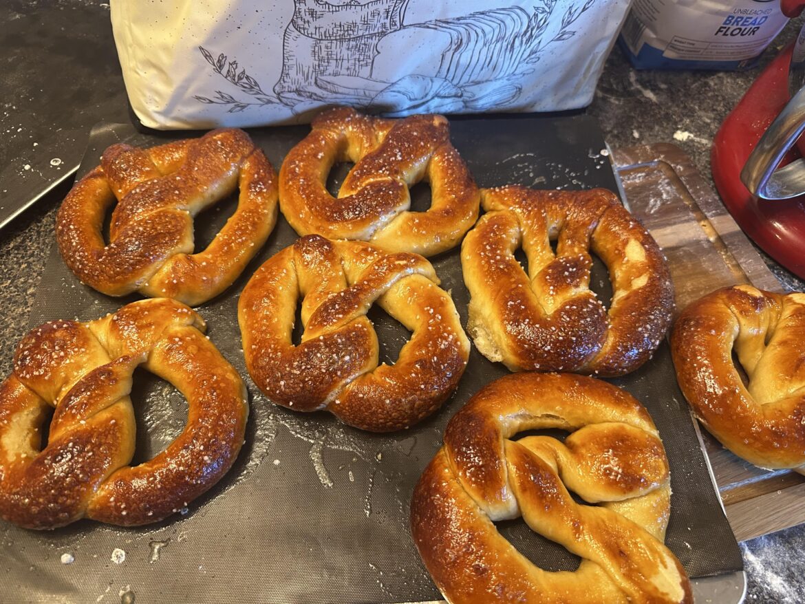 Homemade soft pretzels just out of the oven.